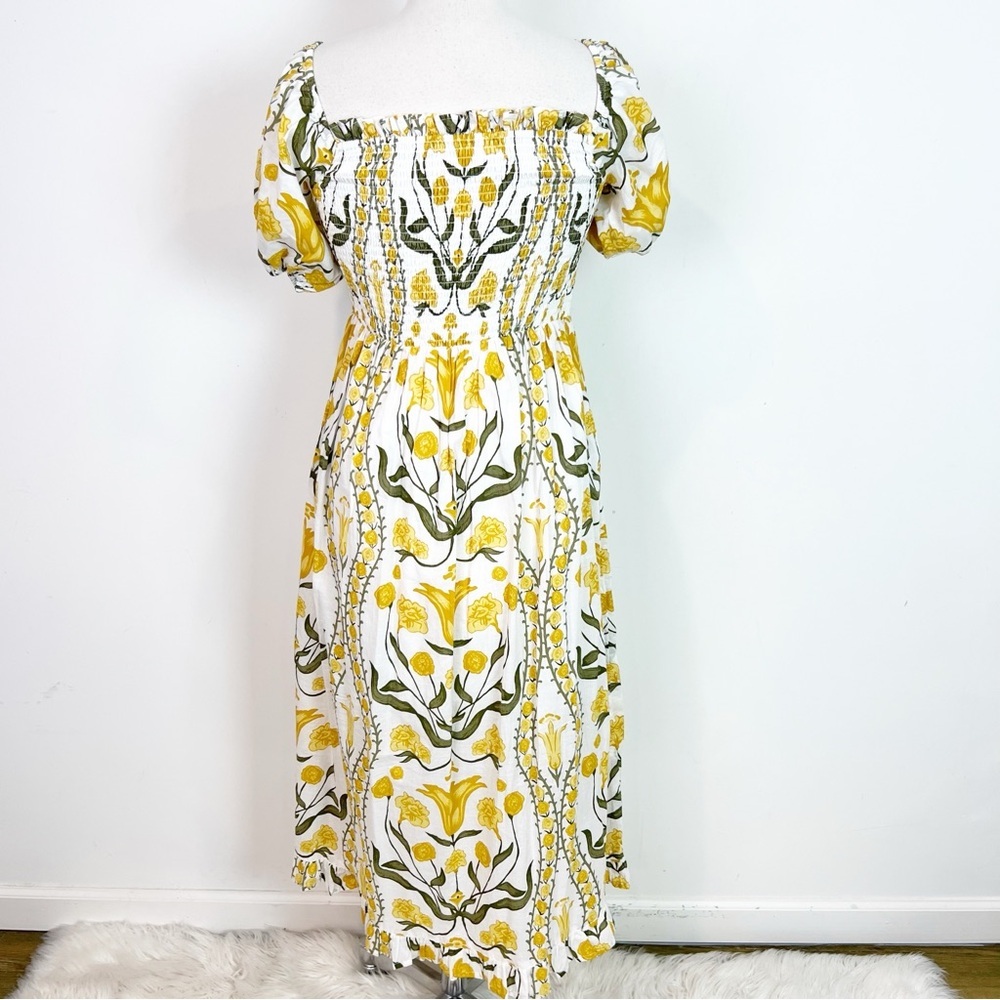 BEYOND BY VERA YELLOW GREEN FLORAL SMOCKED SHORT PUFF SLEEVE MIDI DRESS MEDIUM - Picture 3 of 5